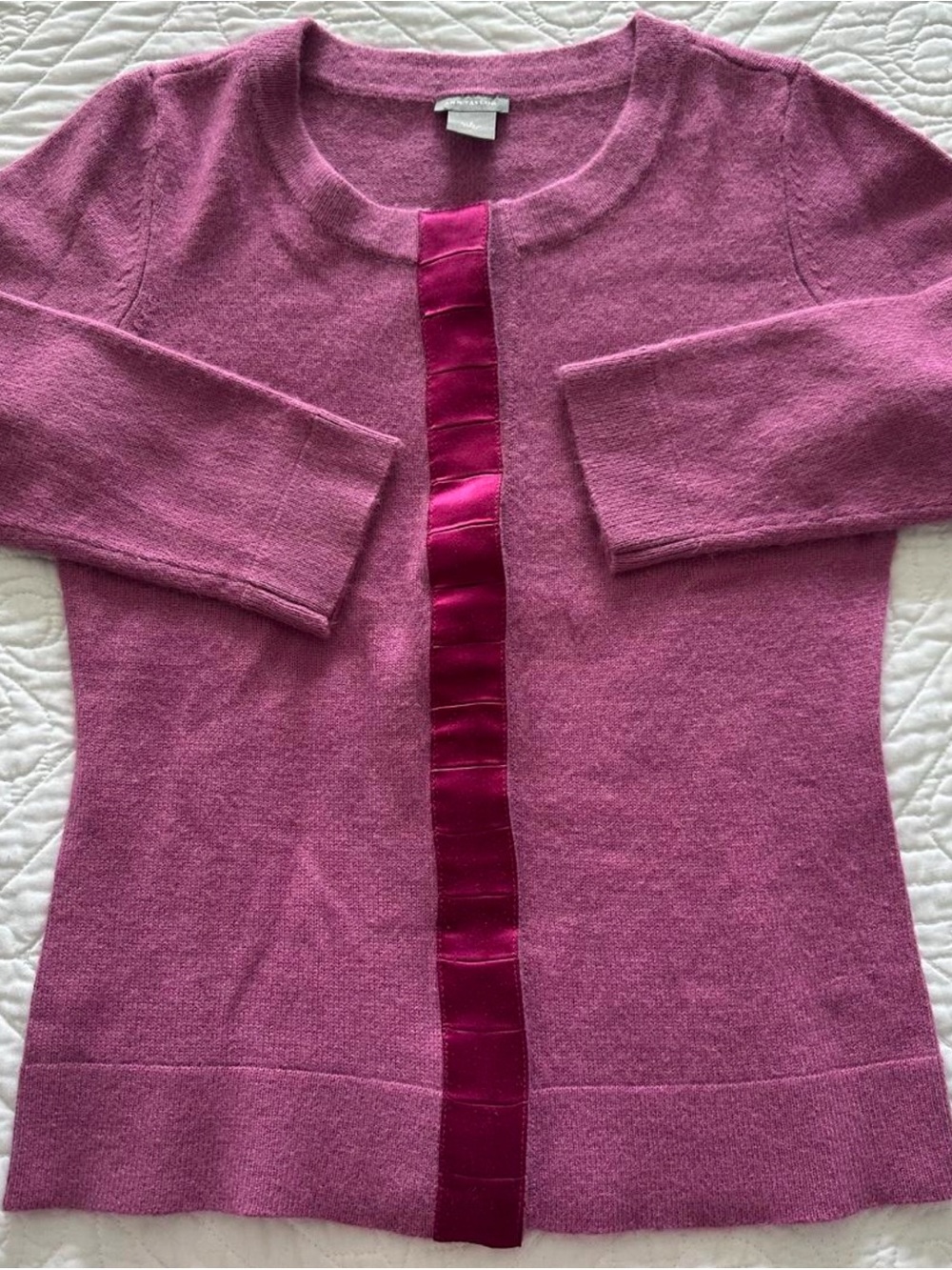 Women’s Pink Crewneck Cardigan with Satin Trim